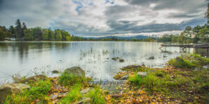 Peaceful lake landscape with cloudy sky and autumn leaves – high-resolution digital download & UK wall art print
