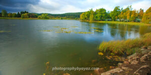 Autumn Lakeside with Cabins and Lily Pads – Fine Art Nature Photography  Photography by Ayaz