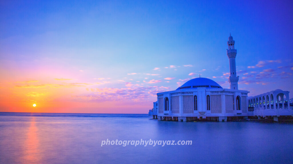 Mosque on Water at Sunset – Islamic Architecture Coastal Photography  Photography by Ayaz