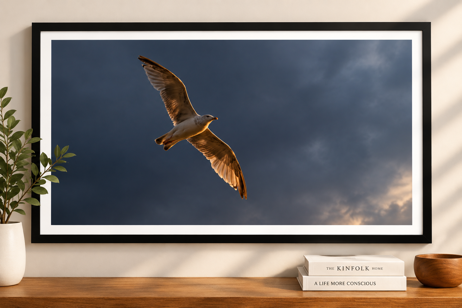 Seagull in Flight Sunset Sky Wall Art